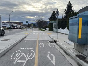 Two bike lanes in between the bus shelter and where you get on the bus.